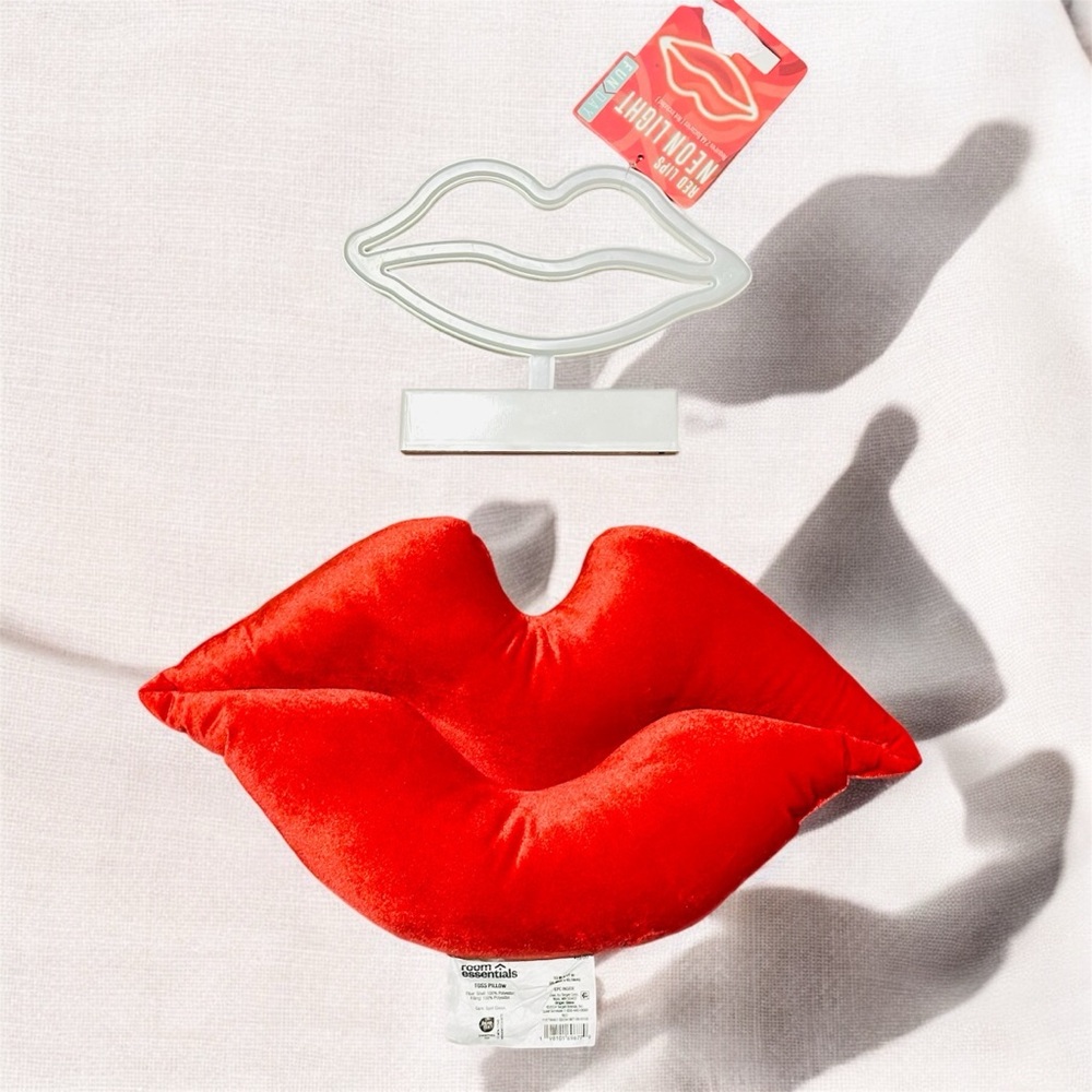 Room Essentials Lip Forever Velvet Throw Pillow in Berry Red & Neon Lip NEW